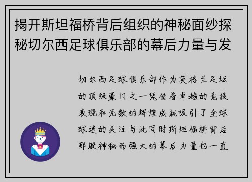 揭开斯坦福桥背后组织的神秘面纱探秘切尔西足球俱乐部的幕后力量与发展历程