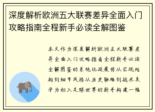 深度解析欧洲五大联赛差异全面入门攻略指南全程新手必读全解图鉴